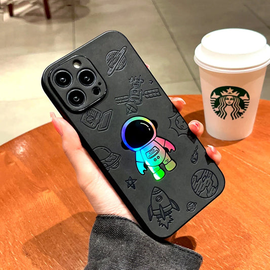 Faux Leather Gradient Astronaut Case For iPhone 16 15 14 13 12 11 Pro Max Plus X XR 16Pro 15Pro 14Pro 13Pro ProMax Cartoon Cover