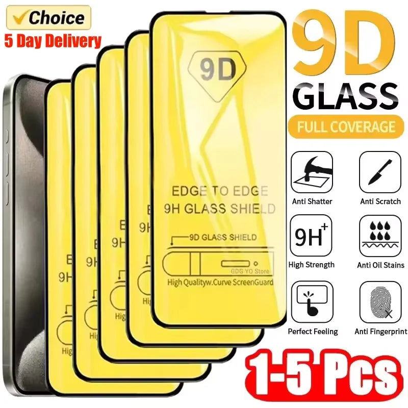 1-5PCS 9D Full Cover Tempered Glass For iPhone 11 12 13 14 15 16 Pro Max 16E Screen Protector For iPhone 13 Mini XR X XS MAX