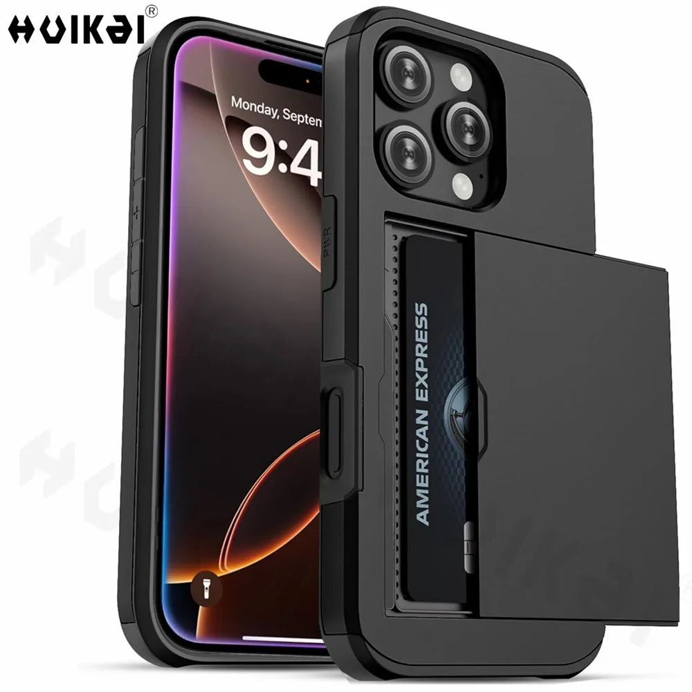 Case For iPhone 16 Pro Max 15 Pro Max 14 Pro Max 13 12 11 Wallet Card Holder Slide Slot Slim Hard PC Heavy Duty Protective Cover