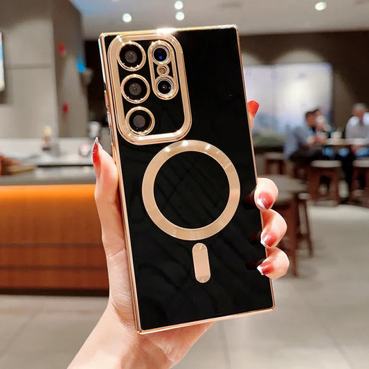 Luxury Plating Soft Silicone Wireless Charge For Magsafe Case For Samsung Galaxy S25 S24 S23 S22 S21 Ultra Plus With Lens Covers