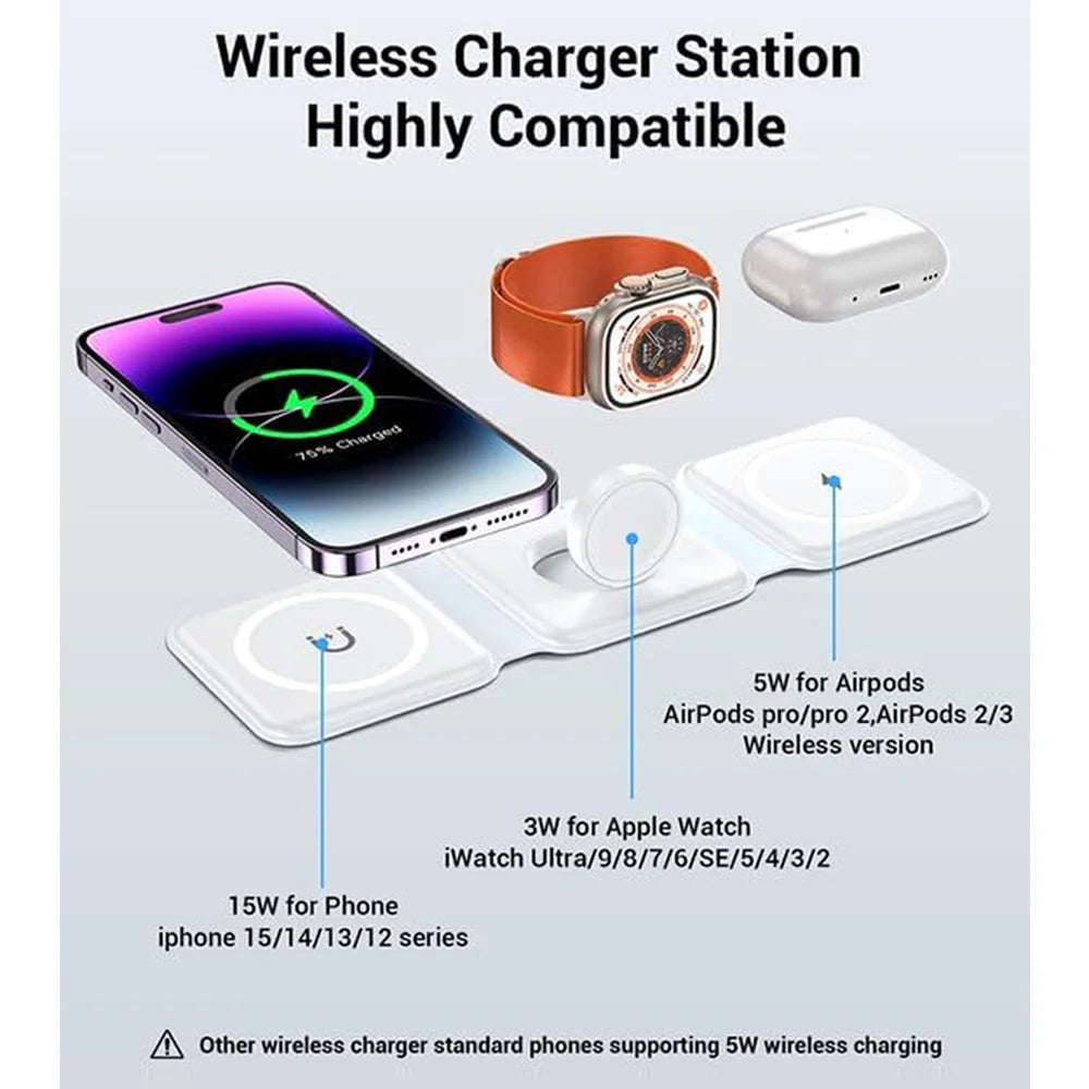 100W 3 in 1 Fast Wireless Charger Pad Stand foldable Charging Dock Station for iPhone 15 14 13 12 11 8 X XR Apple Watch Airpods