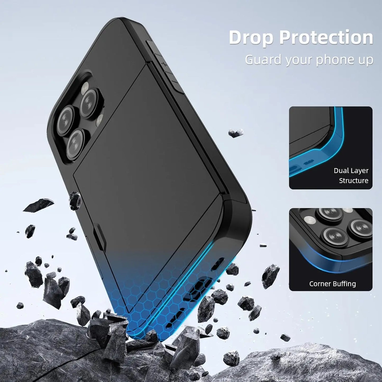 Case For iPhone 16 Pro Max 15 Pro Max 14 Pro Max 13 12 11 Wallet Card Holder Slide Slot Slim Hard PC Heavy Duty Protective Cover