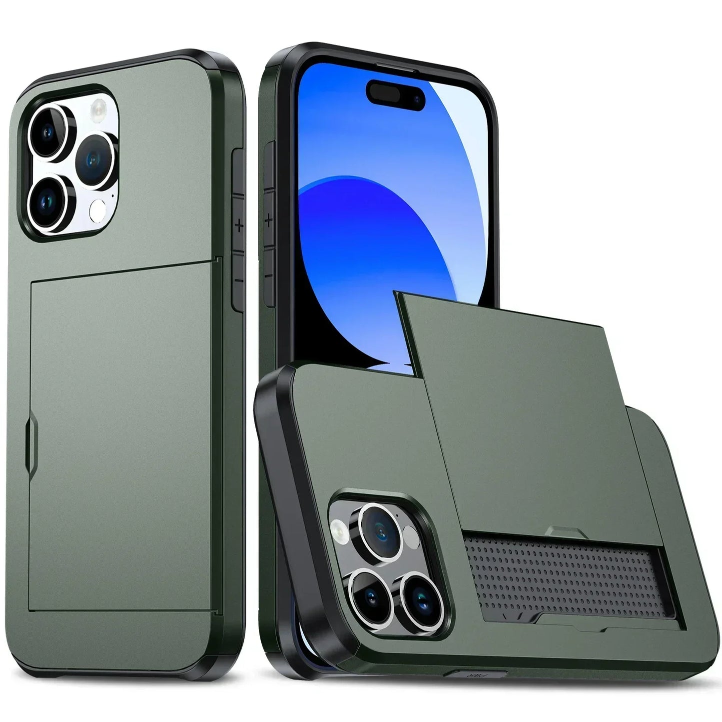 Case For iPhone 16 Pro Max 15 Pro Max 14 Pro Max 13 12 11 Wallet Card Holder Slide Slot Slim Hard PC Heavy Duty Protective Cover