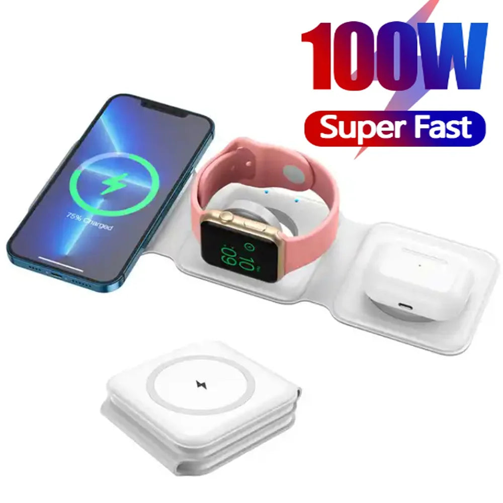 100W 3 in 1 Fast Wireless Charger Pad Stand foldable Charging Dock Station for iPhone 15 14 13 12 11 8 X XR Apple Watch Airpods