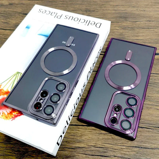 Luxury Transparent For Magsafe Wireless Case For Samsung Galaxy S25 S24 S23 S22 S21 Ultra Plus Glass Lens Full Protection Cover