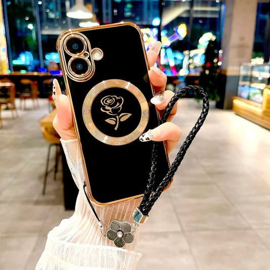 Plating Soft TPU Rose Case For iPhone 16 15 14 13 12 Pro Max iPhone16 16Plus 16Pro For Magsafe Charge Cover + Lanyard Bracelet