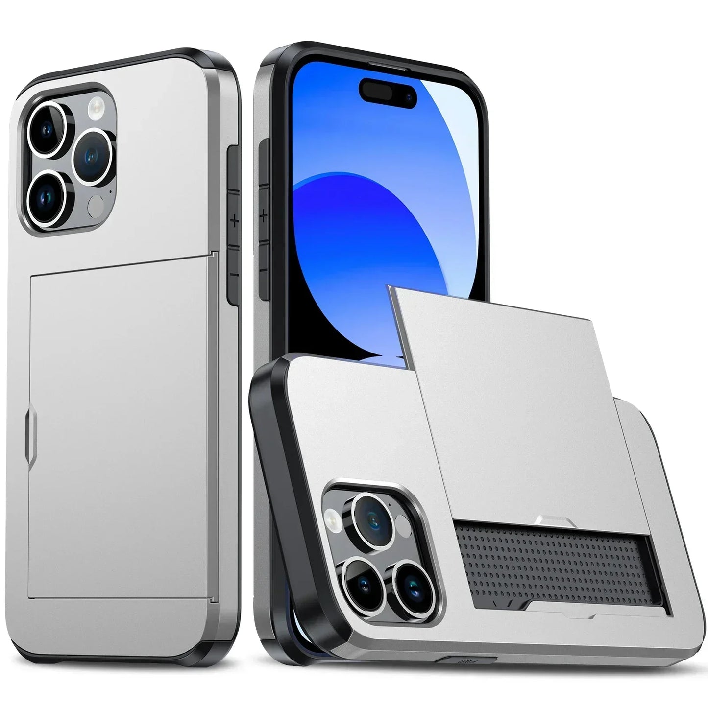 Case For iPhone 16 Pro Max 15 Pro Max 14 Pro Max 13 12 11 Wallet Card Holder Slide Slot Slim Hard PC Heavy Duty Protective Cover