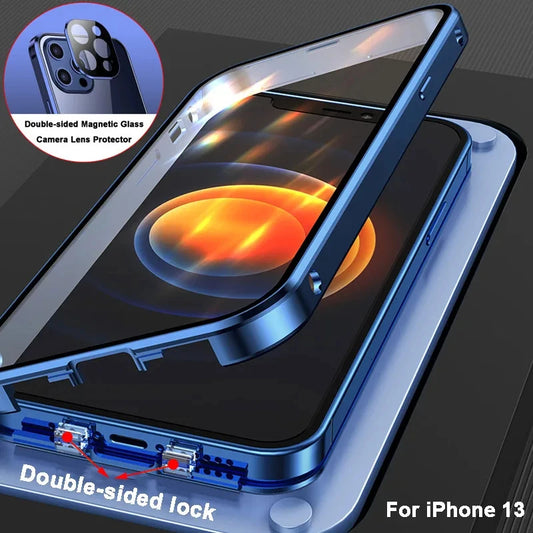 360 Full Magnetic Adsorption Metal Snap Case For iPhone16 15 14 13 12 11Pro Max 16Plus Double Sided Glass With Camera Lens Cover
