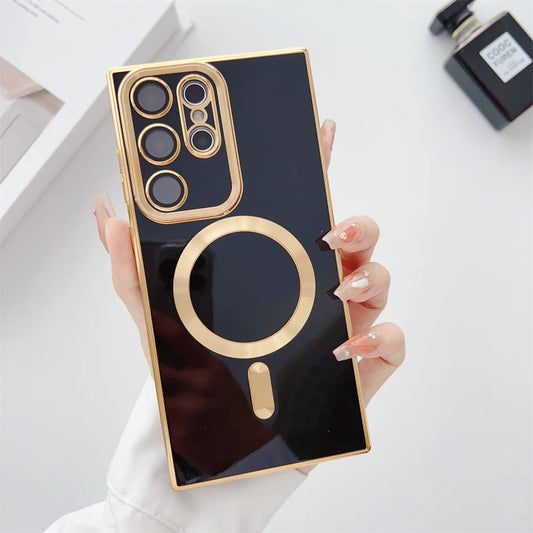 Gold Plating Camera Lens Protection Magsafe Case for Samsung Galaxy S24 Ultra S23 Plus Solid Color Funda S22 Ultra S21 Plus