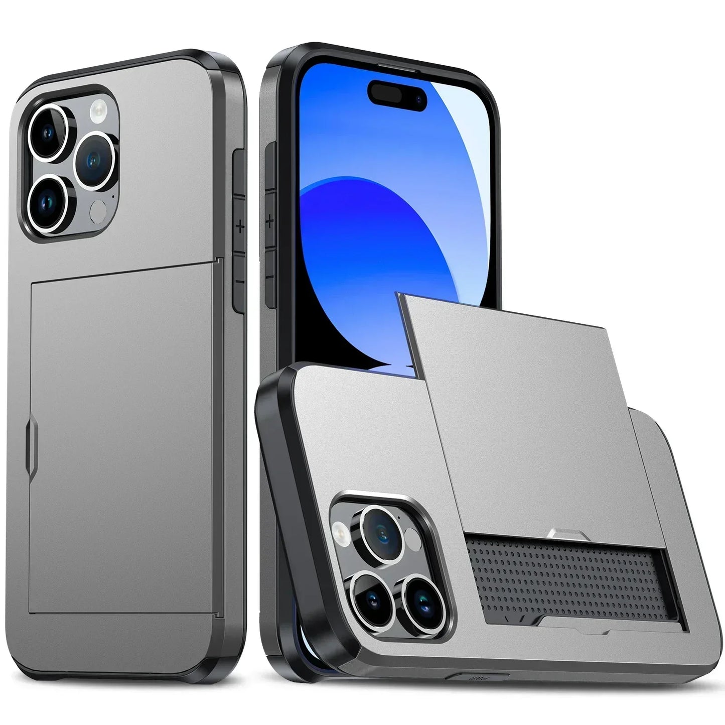 Case For iPhone 16 Pro Max 15 Pro Max 14 Pro Max 13 12 11 Wallet Card Holder Slide Slot Slim Hard PC Heavy Duty Protective Cover