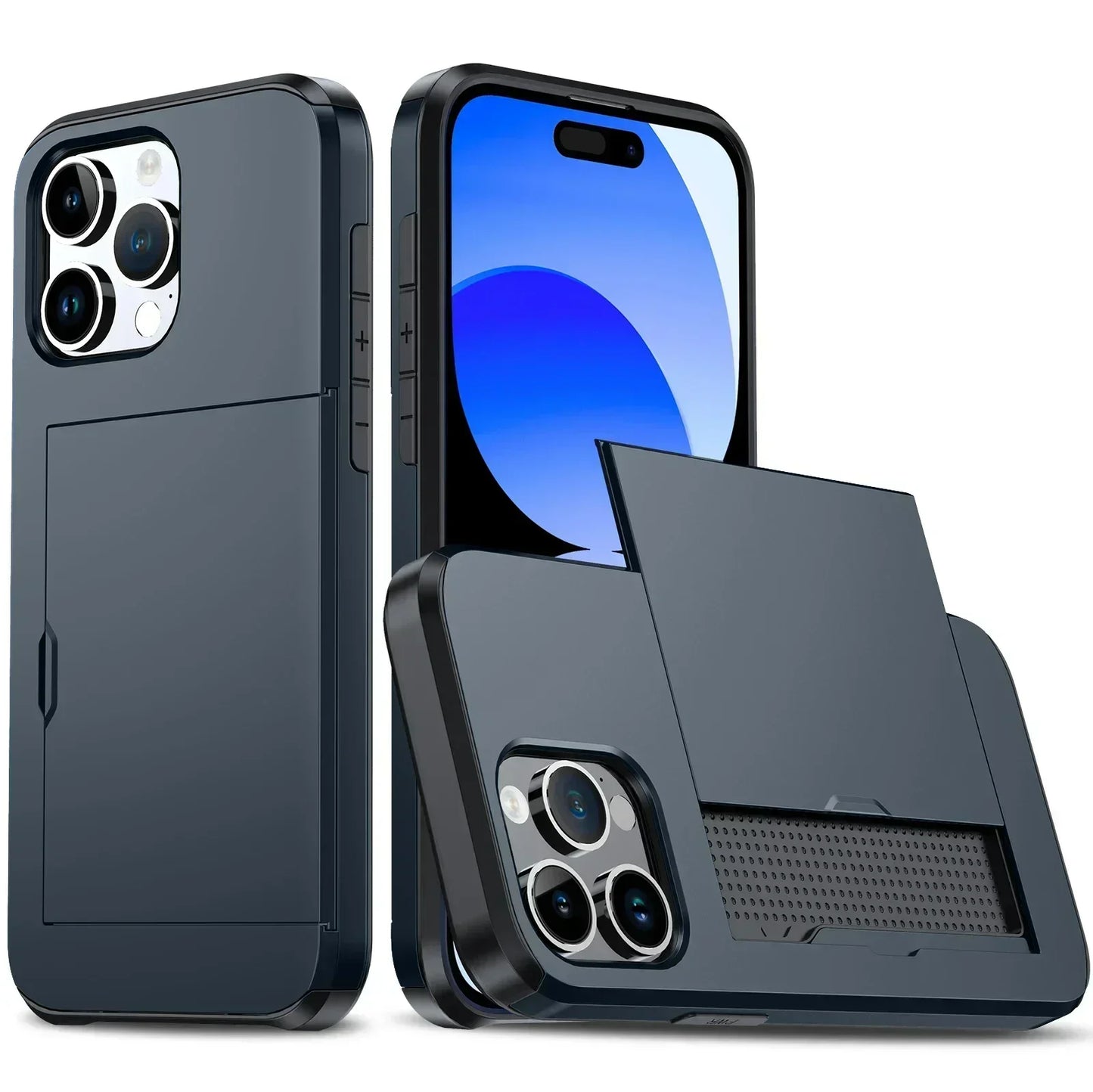 Case For iPhone 16 Pro Max 15 Pro Max 14 Pro Max 13 12 11 Wallet Card Holder Slide Slot Slim Hard PC Heavy Duty Protective Cover