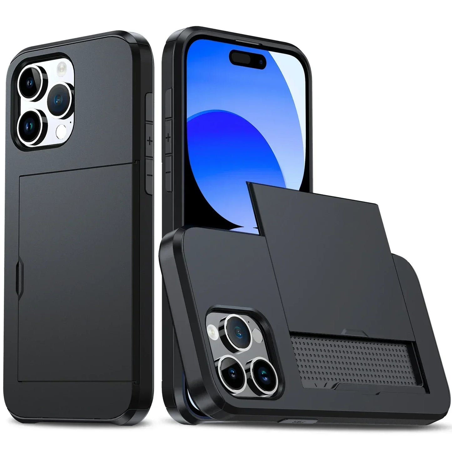 Case For iPhone 16 Pro Max 15 Pro Max 14 Pro Max 13 12 11 Wallet Card Holder Slide Slot Slim Hard PC Heavy Duty Protective Cover